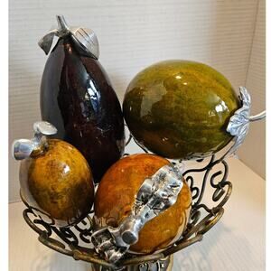Artesana Home VTG MCM Gourd Fruit Glass Weighted Pewter Leaf BOWL NOT INCLUDED